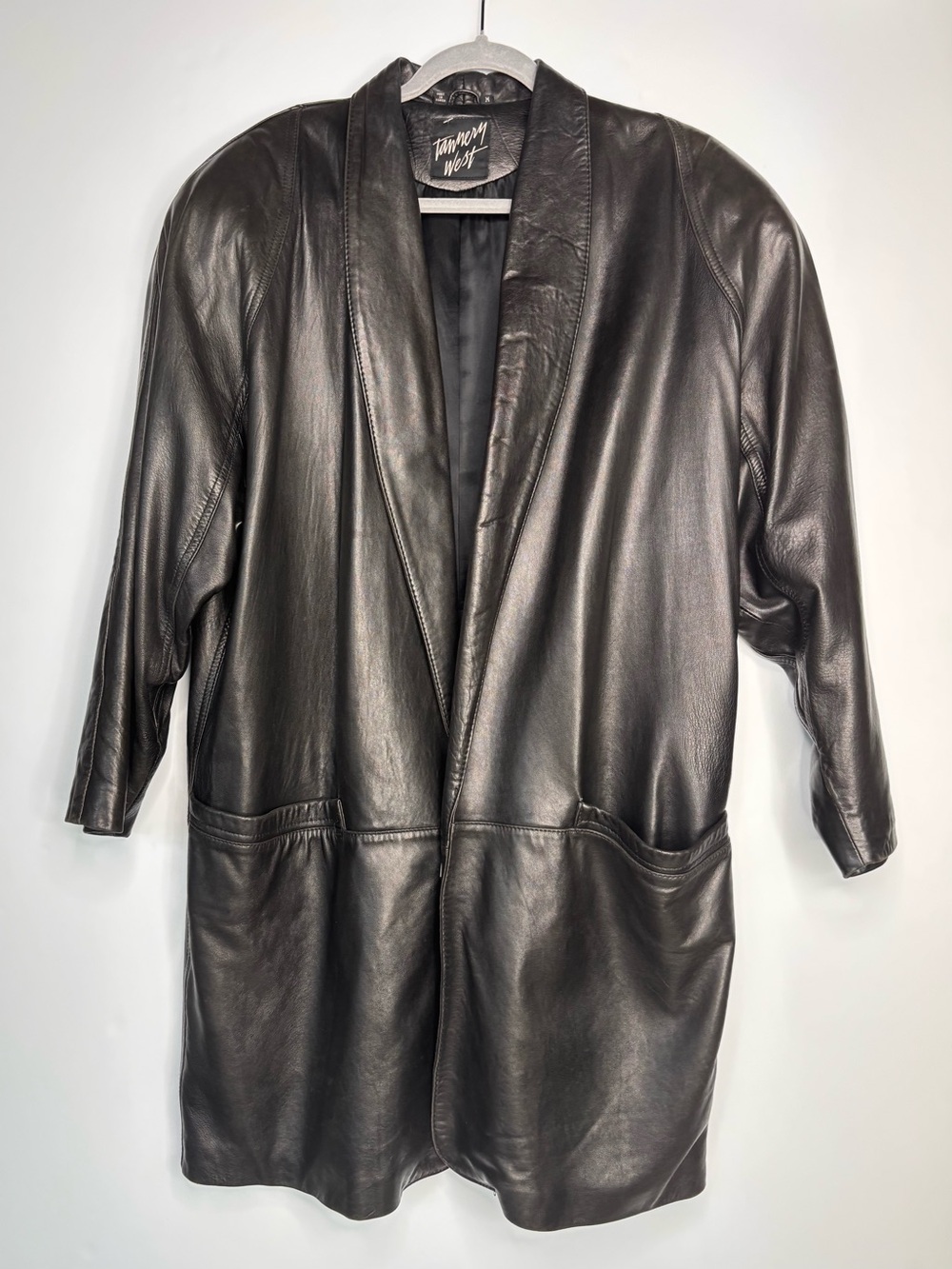 80’s Wilson’s Tannery West Black Leather Open-Front Tapered Coat w Shoulder Pads